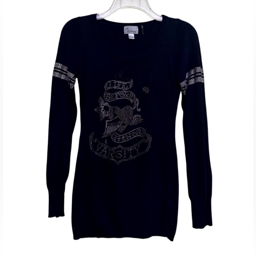 Ed Hardy VTG Y2K Life Before Honor Embellished Long Sleeve Sweater Women's XS
